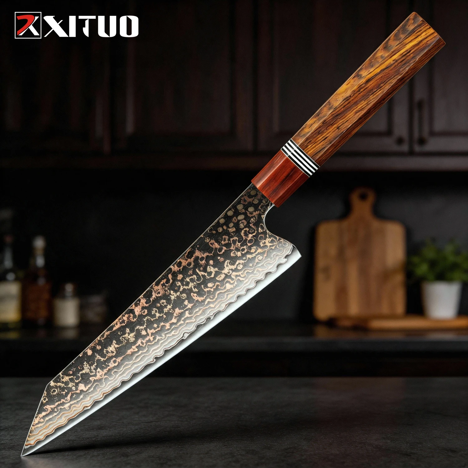 XITUO 8-Zoll Japanisches Kiritsuke Kochmesser, Dreifarbige Kupfer-Damaszener-Stahlklinge, Rasiermesserscharfes Küchenmesser mit Rosenholzgriff