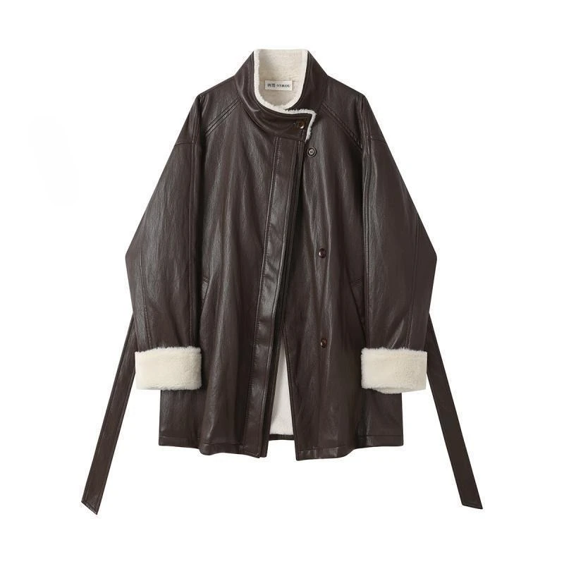 블랙 인조 가죽 코트 여성 중간 길이 두꺼운 스탠드 칼라 인조 모피 안감 윈드 브레이커