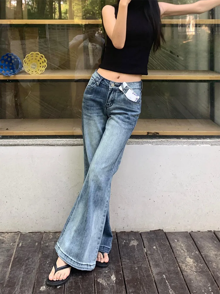 Women's Retro Street Style Jeans Young Girl Flared Trousers Y2k Cool Bottoms 90s Female High Waist Sweatpants Wide-leg Pants