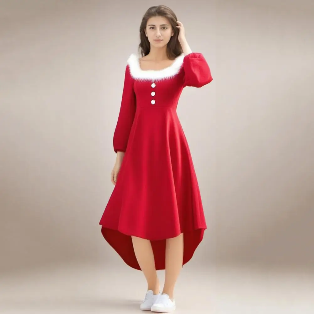 Christmas Performance Dress Fluffy Irregular Hem Button Decor Festive Stage Show Santa Cosplay Costume New Year Party Maxi Dress