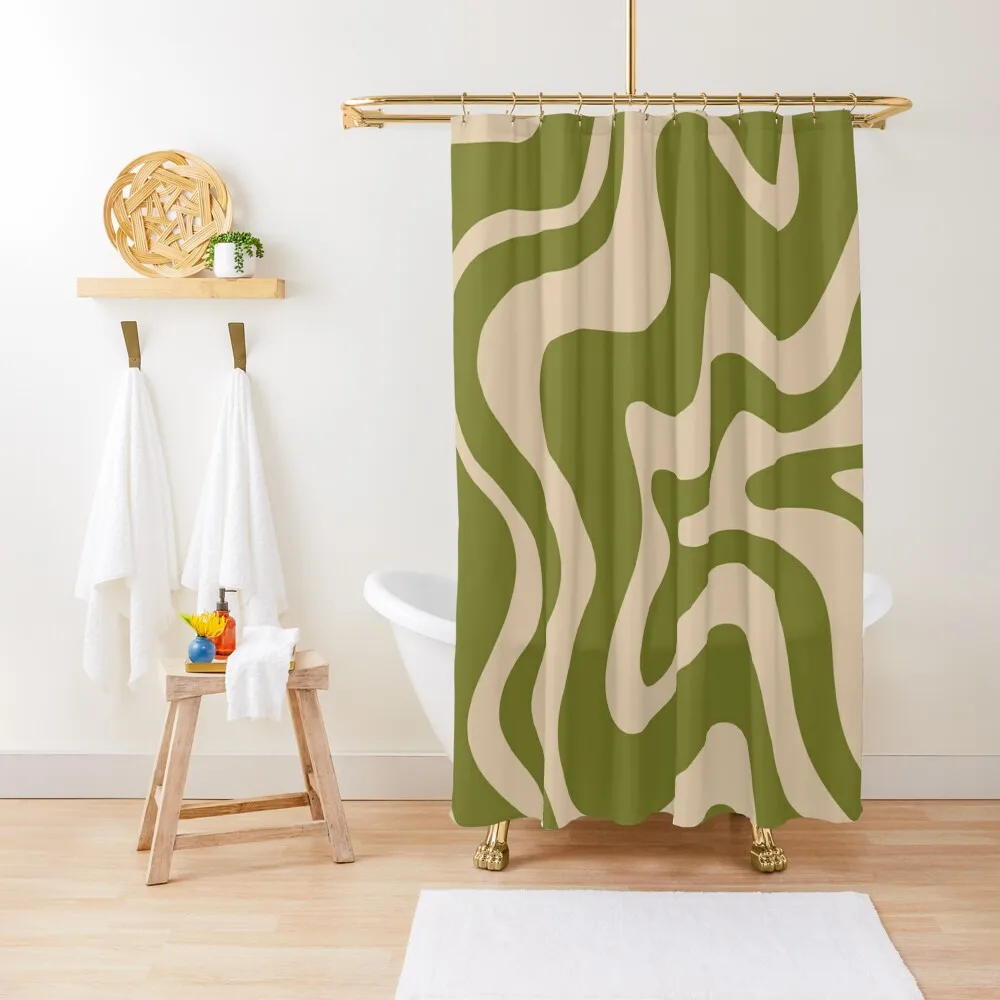 

Retro Liquid Swirl Abstract Pattern in Mid Mod Beige and Olive Green Shower Curtain Window Bathroom And Shower Products Curtain