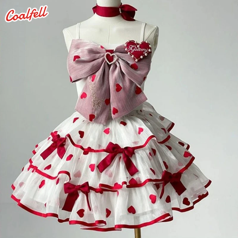 Coalfell-Vestidos Lolita victorianos japoneses para mujer, Tops sin mangas con lazo de encaje, falda de pastel de amor escalonada, conjuntos de Lolita dulces Kawaii