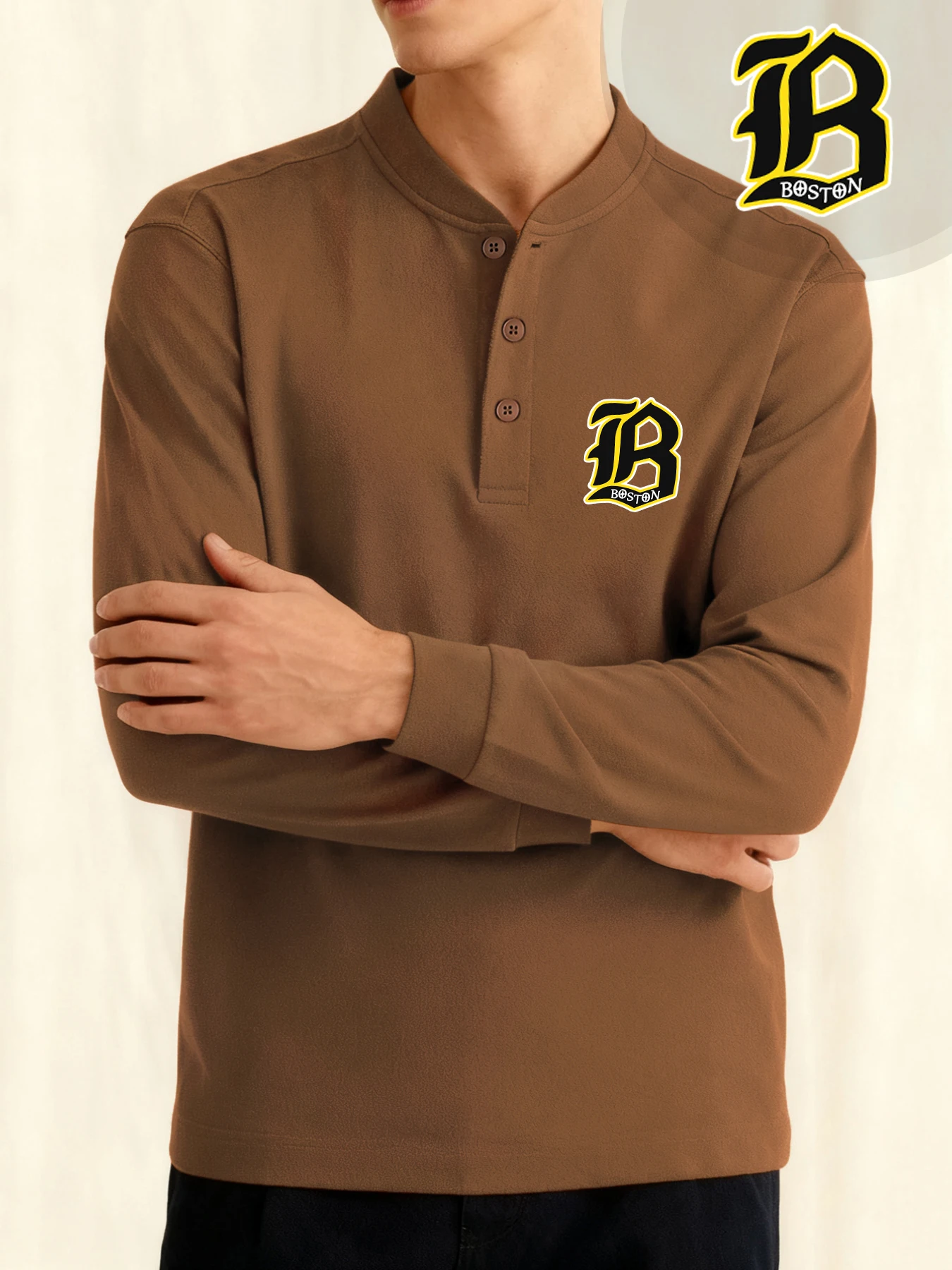 حرف B بوسطن الطباعة الذكور هنري قميص الأعمال الجديدة طويلة الأكمام طاقم الرقبة زر الملابس الجلد ودية قمصان الخريف الناعمة