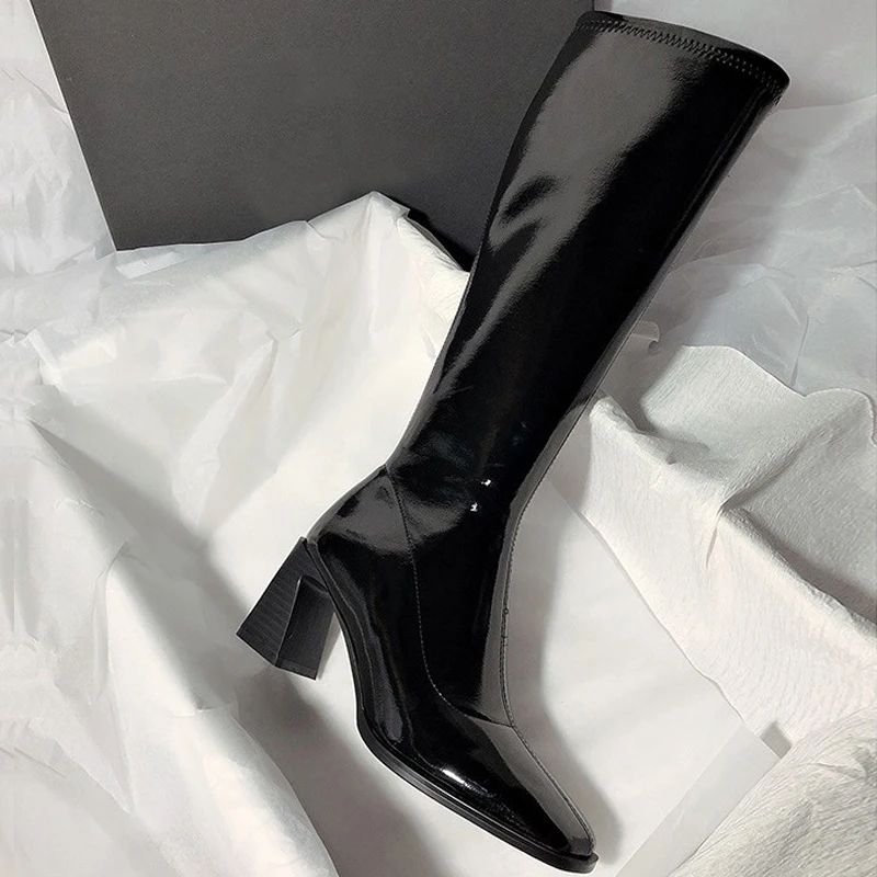 7CM Patent Leather High Heels Long Boots Women Autumn Square Toe Knee-high Botas Woman Side Zipper Thick Heeled Shoes Femme 39