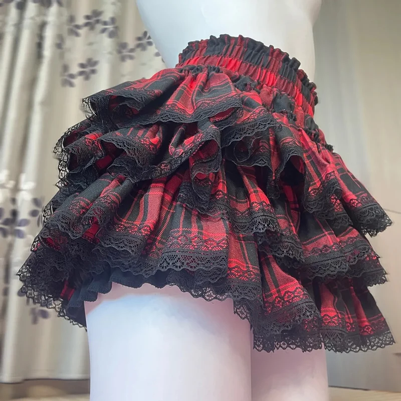 Y2K Subculture Mini Skirt Women Summer Red Black Plaid Lace Patchwork Skirts High Waist Streetwear Harajuku Hottie Cake Skirt