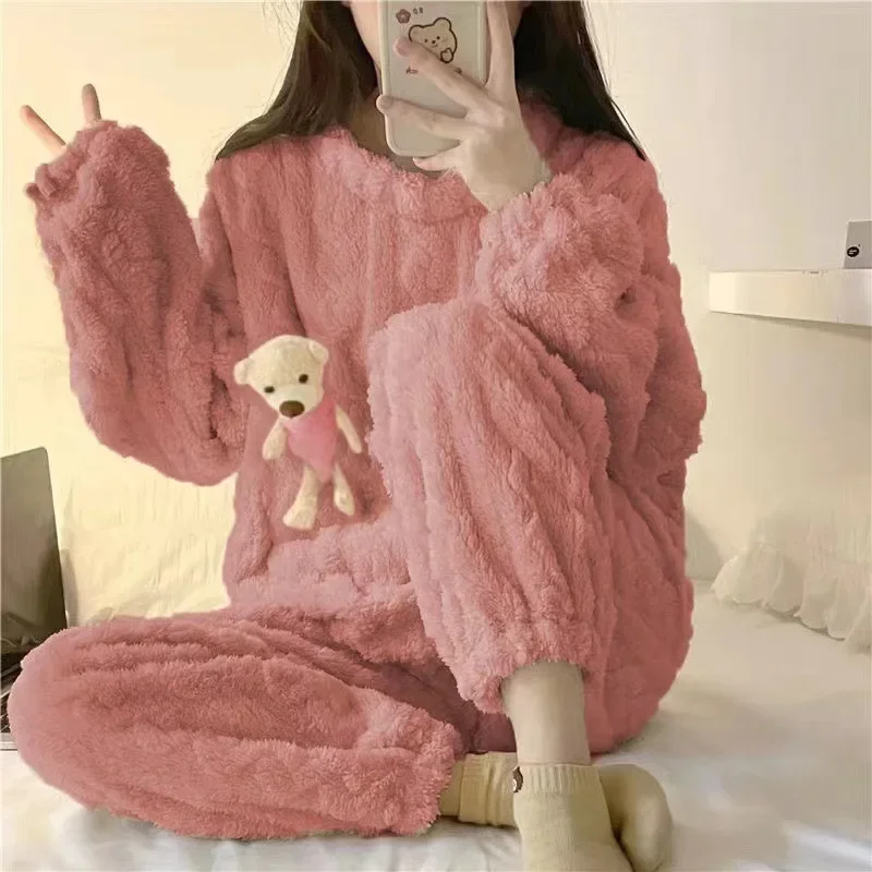 Winter Thickened Women's Pajamas Long Plush Cute Sweet Fleece-lined Warm Bear Homewear Clothes Women's Popular Internet Red Suit