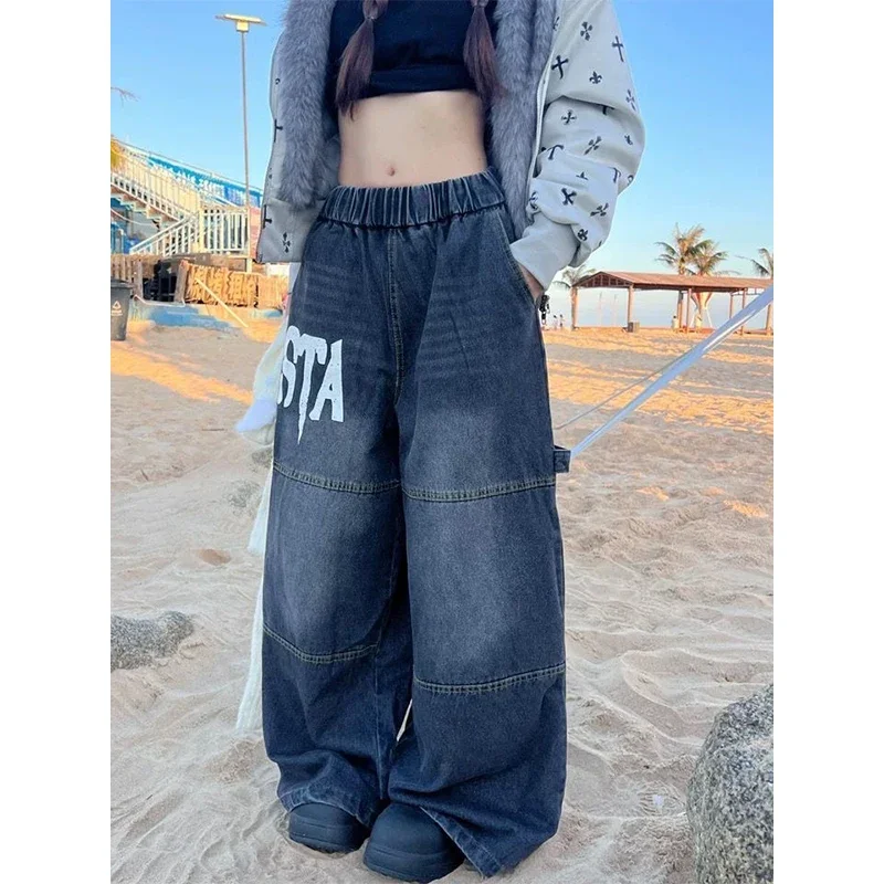 

Американские джинсы High Street с изогнутым ножом и буквенным принтом для женщин, зимние новые стильные свободные брюки-поло в пикантной девушке BF Lazy Style