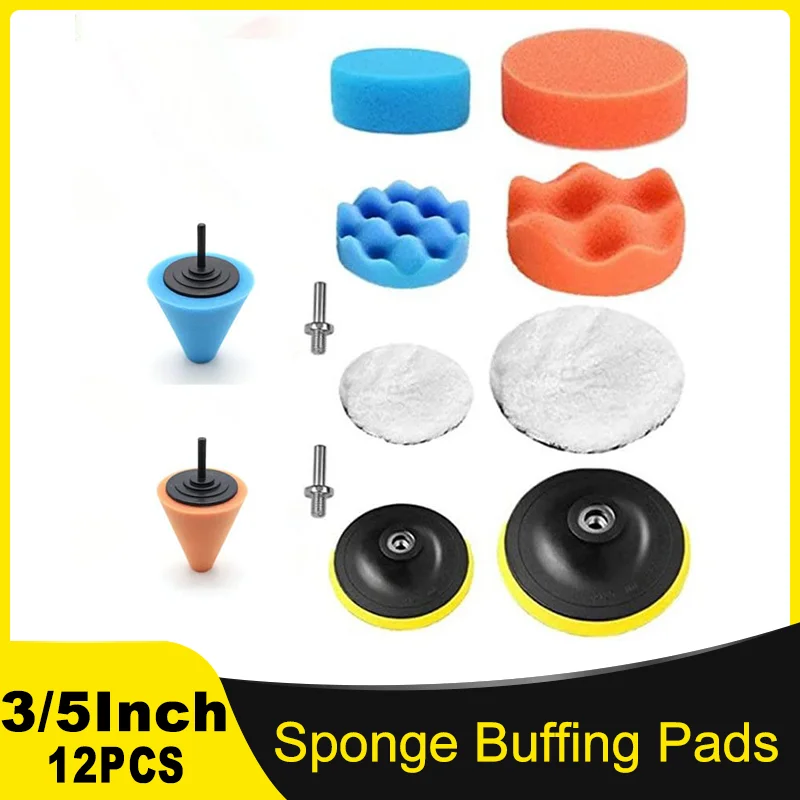 

3 inch & 5 inch Sponge Buffing & Waxing Pads Kit 12 Pcs with M10 Drill Adapter for Car Polishing Waxing Attachment for Drill