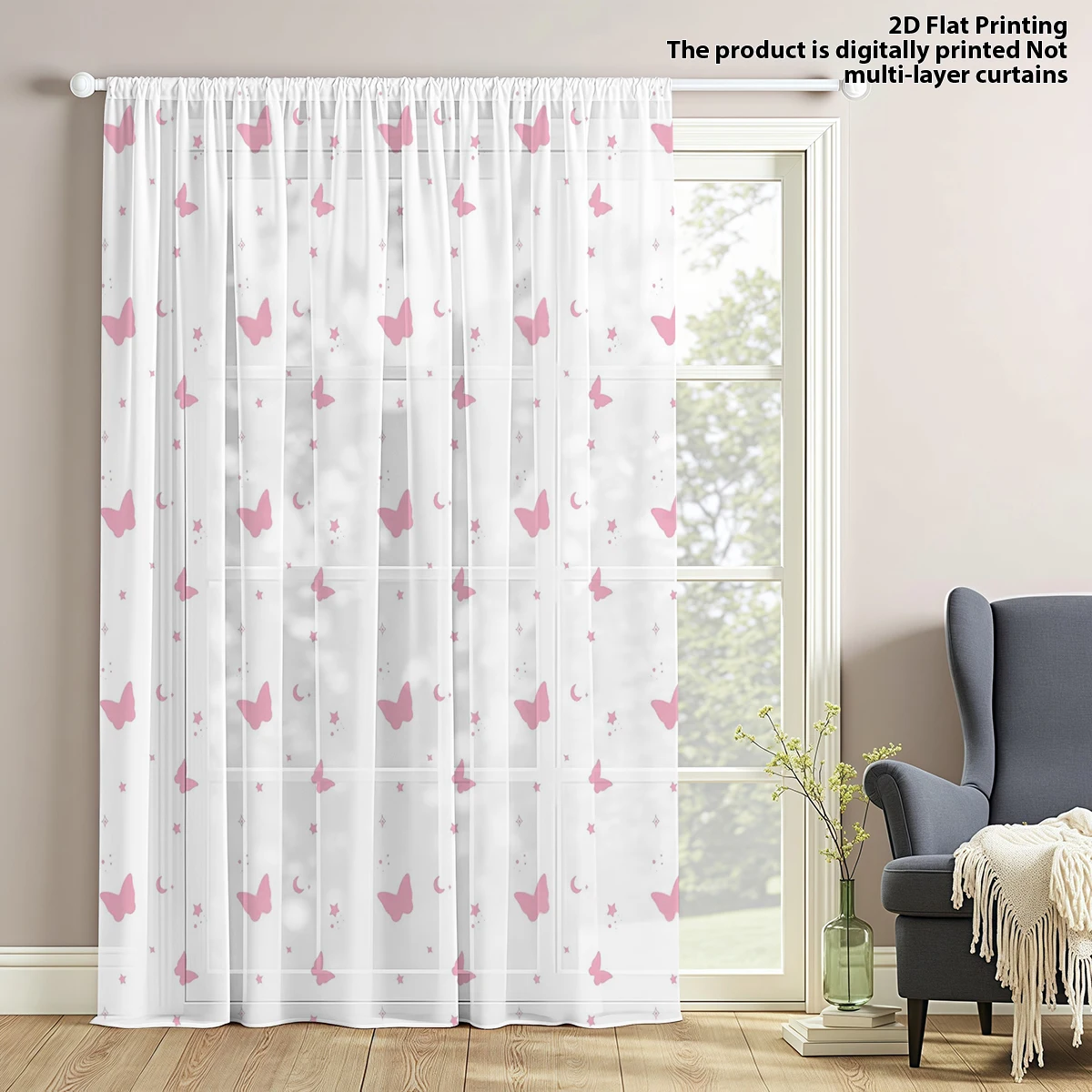 Mother's Day 70% Light Filtering Privacy Sheer Curtain for Living Room Bedroom Study Butterfly Star Print Sheer Curtain, Remova