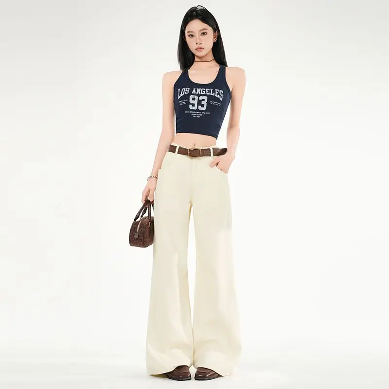 

Women's Spring and Autumn Vintage Classic Versatile Decoration Curve Beautiful Sister Mibai Wide Leg Casual Jeans Women