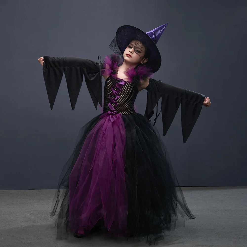 Storybook Witch Costume for Girls Halloween Party Cosplay Fancy Tutu Dress with Hat Broom Evil Queen Ball Gown Disguise Fille