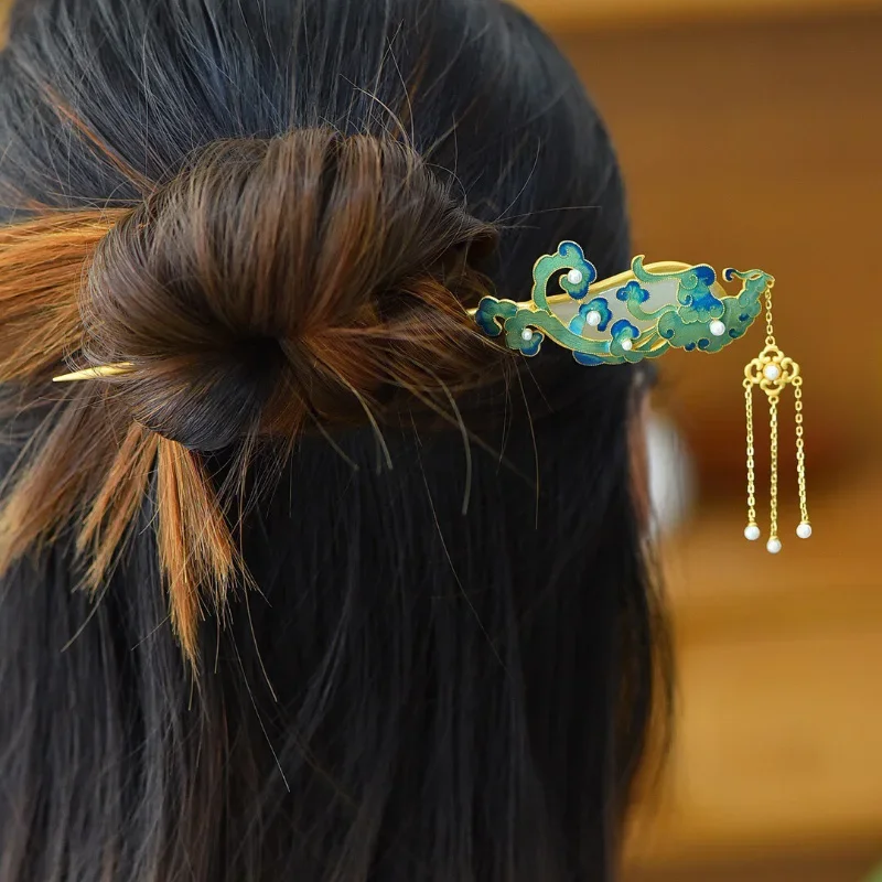 Ancient gold craft natural Hotan Jade hair jewelry for women Enamel auspicious cloud pearl tiara Court style hanfu accessories