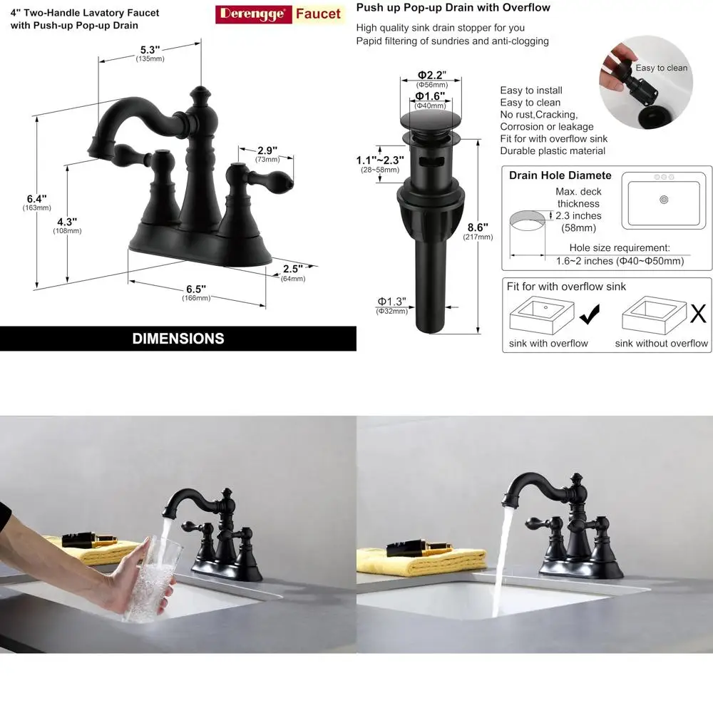 

3-Hole Matte Black Classic Lavatory Faucet with 360° Swivel Spout and Pop-Up Drain, F-0048-MT