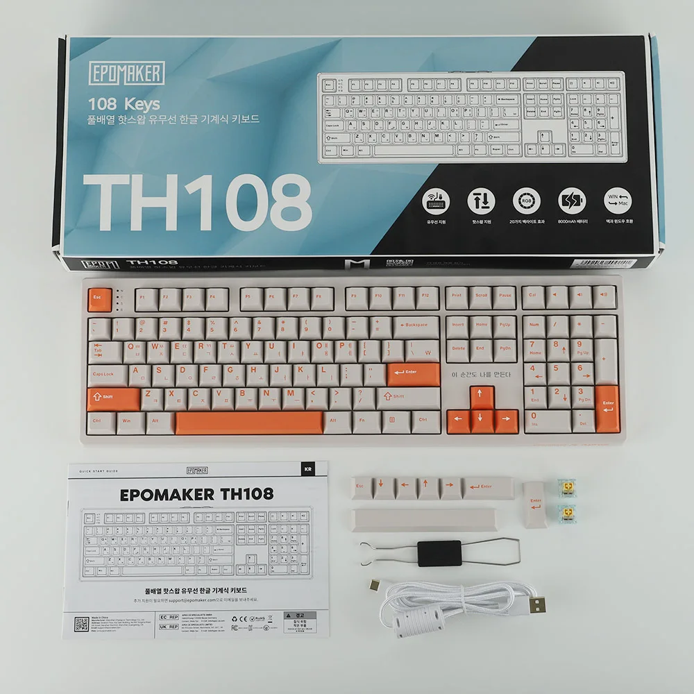 KR Layout EPOMAKER X Aproz TH108 – koreańska klawiatura mechaniczna z trzema trybami połączenia bezprzewodowego, wyposażona w baterię o pojemności 8000 mAh i podświetlenie RGB. — zdjęcie produktu 6