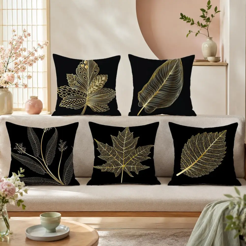 Golden Leaf & Branch Pattern Pillow Case Premium Linen Cushion Cover Soft Textured for Sofa Couch Bed Chair Living Room Bedroom