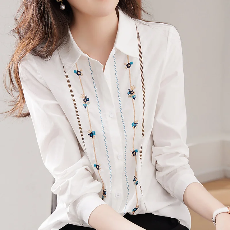 Classic Cotton White Printing Embroidery Single-breasted Blouse Women Loose Polo Collar Casual Office All-match Chiffon Shirt