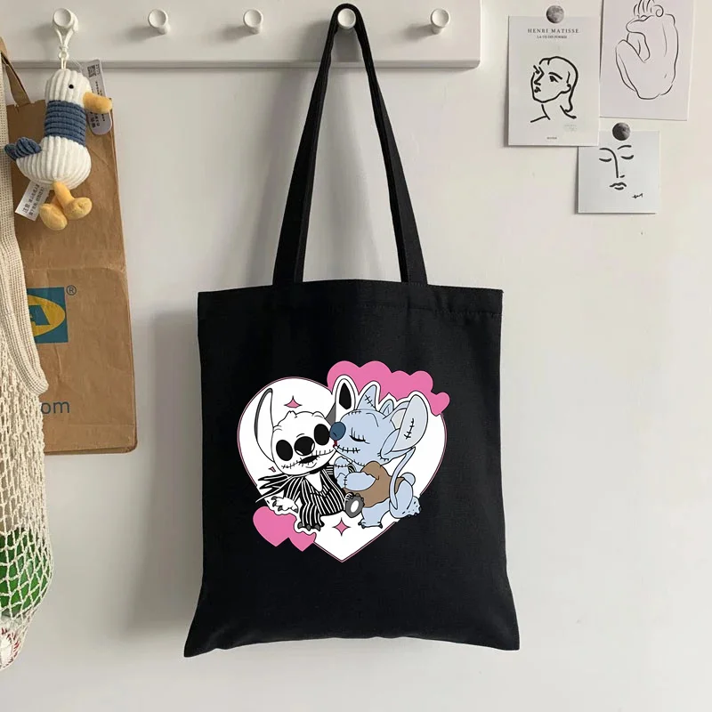 Disney-Lilo e Stitch bolsa de ombro de lona para mulheres, sacola de compras de alta capacidade para senhoras, sacola casual Halloween, 2024