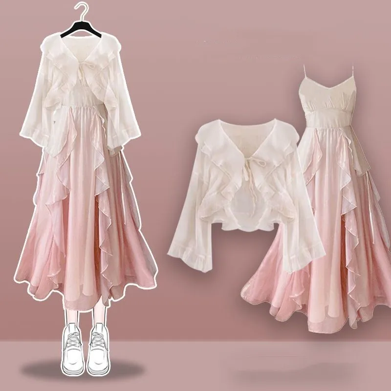 2026 Dames Lente/Zomer Nieuwe Mode In Jurk Bijpassende Set Koreaanse Elegante Zonnebrandcrème Shirt + Sexy Sling Rok tweedelig Pak