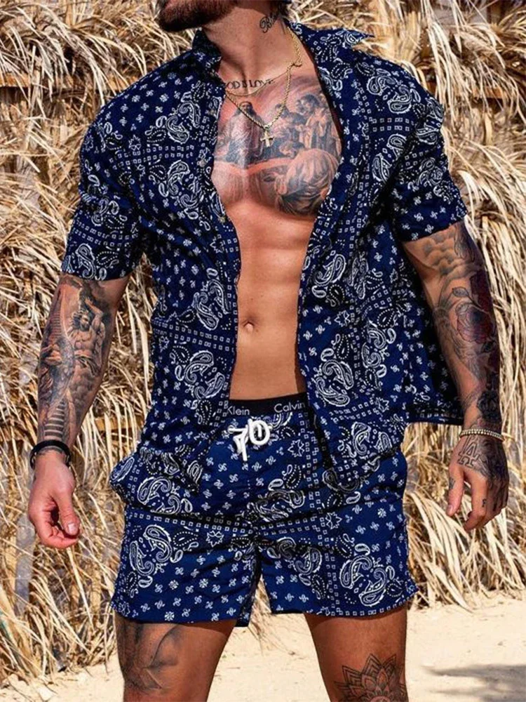 Vintage Geometric Printed Two Piece Sets Men's Summer Casual Short Sleeve Lapel Shirt and Shorts Beach Suits Men Fashion Outfit