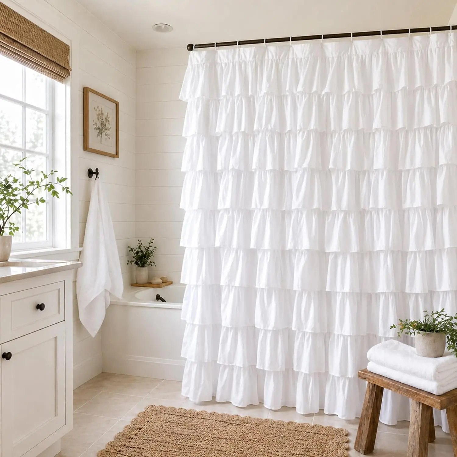 

White Ruffle Shower Curtain - Farmhouse Cloth Bathroom 72 x 72 Inches Texture Fashion, Double Layer Fabric, Soft Feel, not See T