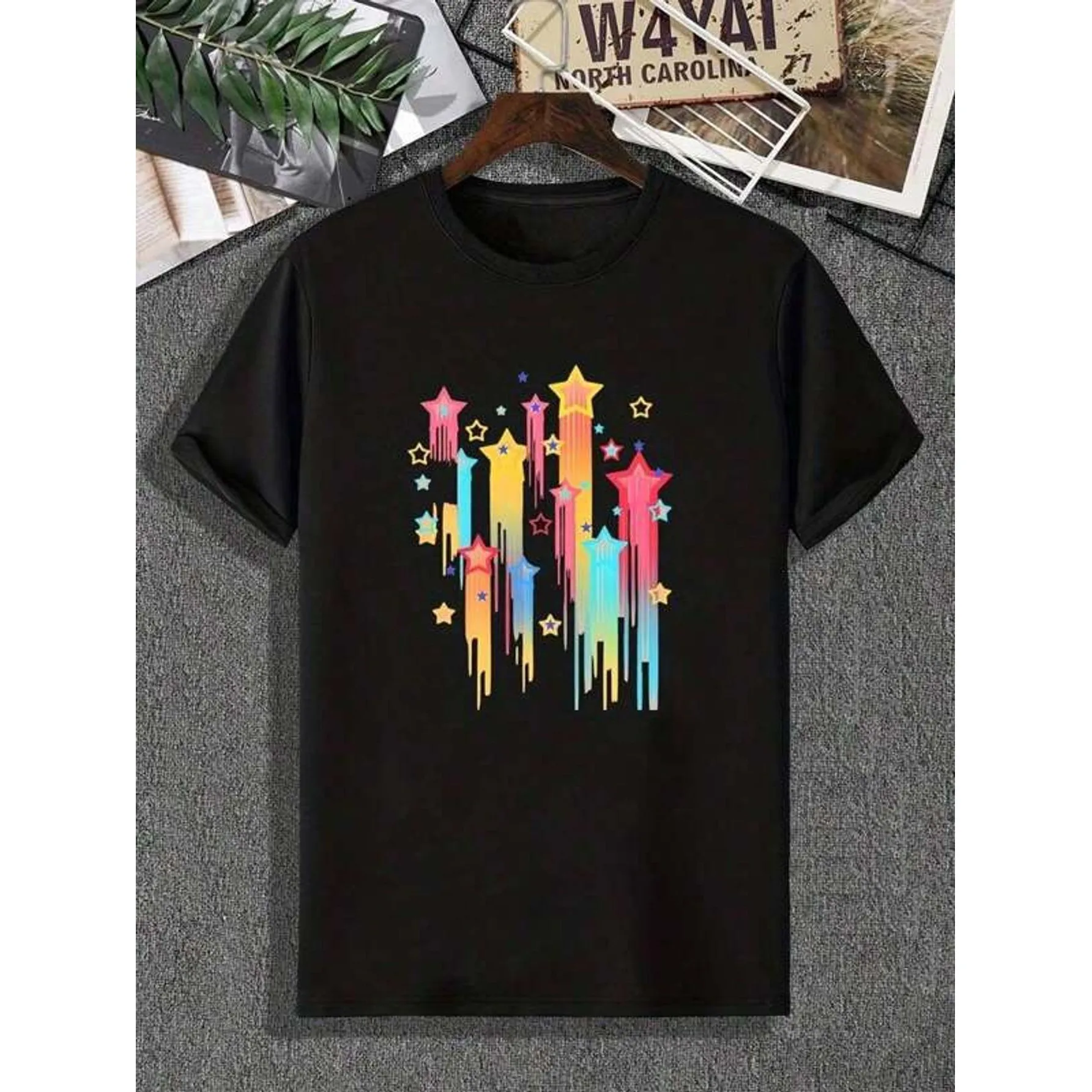 

Colorful Shooting Stars Graphic Tee Men Breathable Cotton Short Sleeve Casual Crew Neck T Shirt