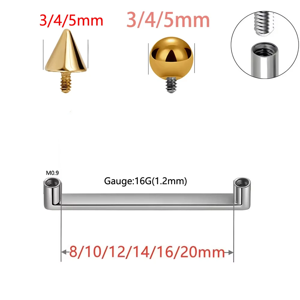 1PC ASTM F136 Titanium with Spike Barbell 16G 1.2mm Solid Ball Cone Internally Threaded Skin Piercing Surface Anchor Jewelry