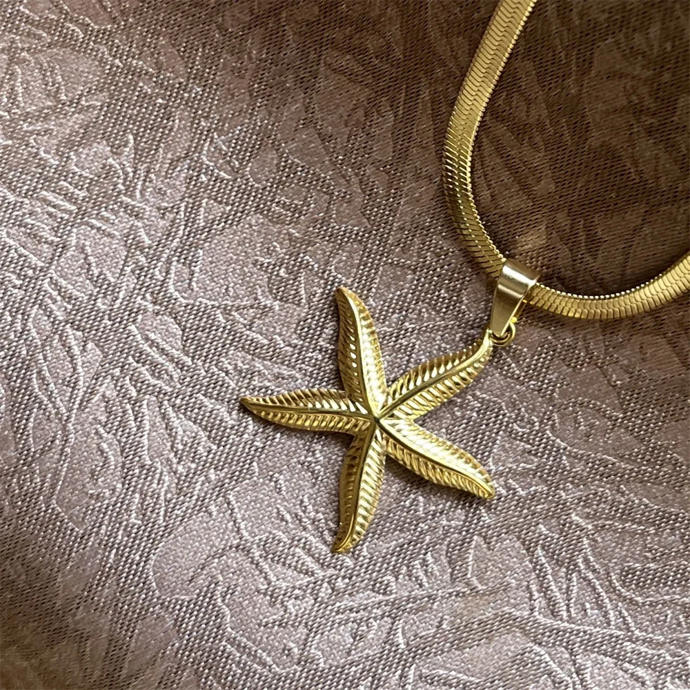 Stainless Steel Exaggerated Boho Metal Big Starfish Star Pendant Choker Necklace Women Summer Punk Snake Blade Chain Y2K Jewelry