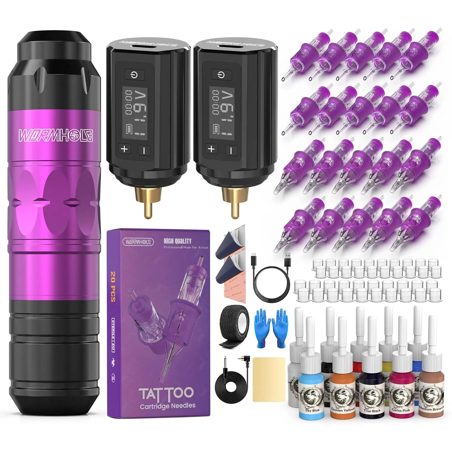 

Wireless Tattoo Machine Kit with 2 Batteries, 20 Needles, and Purple Ink Set for Artists