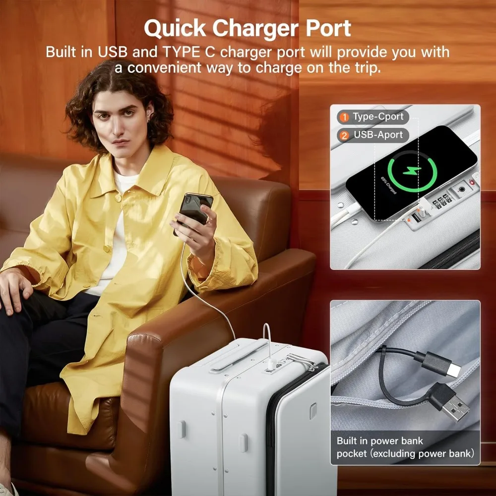 28-дюймовый твердый чемодан с верхним отверстием, подстаканником, портом для зарядки, колесами и алюминиевой рамой