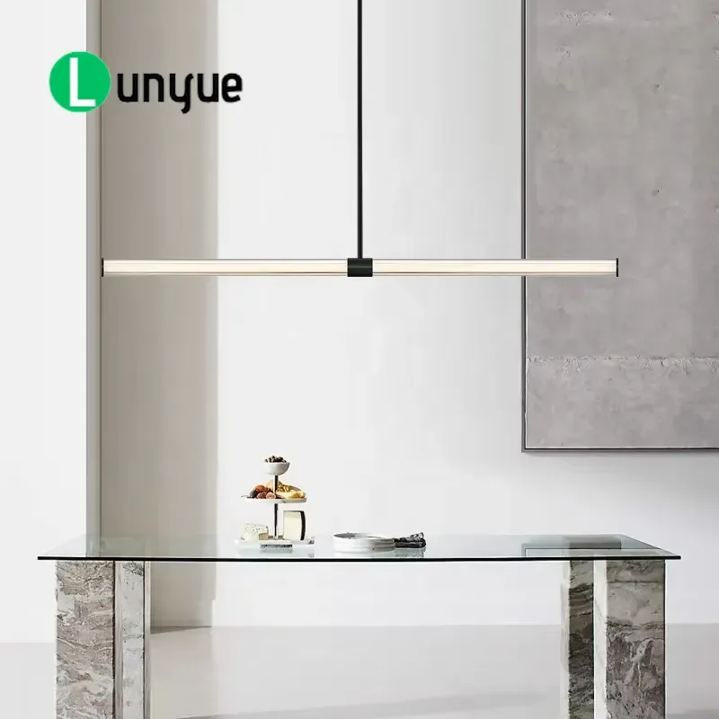 Modern Linear LED Chandelier Aluminum Body Glass Shade 3000K Warm White Long Pendant Light for Living Room Home Decor