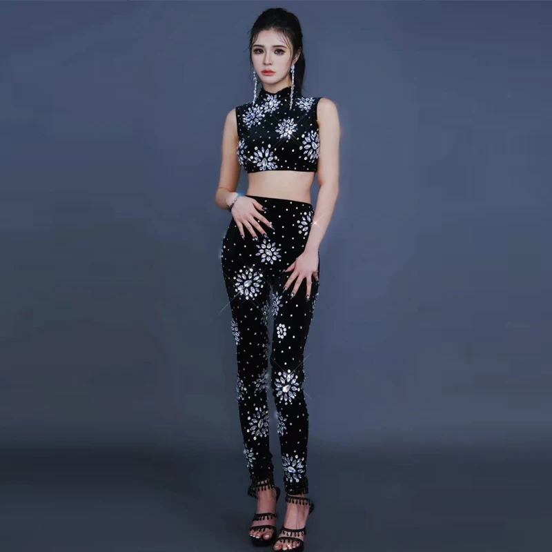 Sparkly Schwarz Strass Top Hosen Frauen Jazz Dance Kostüm Bühne Festival Outfit Bar Nachtclub Ds Dj Gogo Dance Wear XS9921