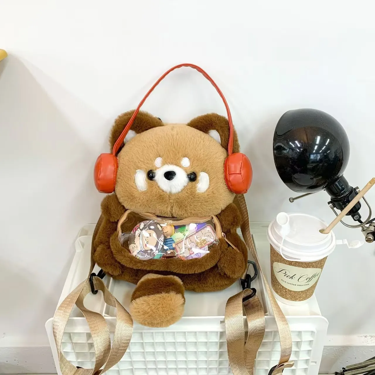 لطيف أفخم الباندا الأحمر على ظهره سعة كبيرة لينة حقيبة كتف الموضة Kawaii رقيق ارتداء سماعات الحيوان حقيبة امرأة فتاة هدية