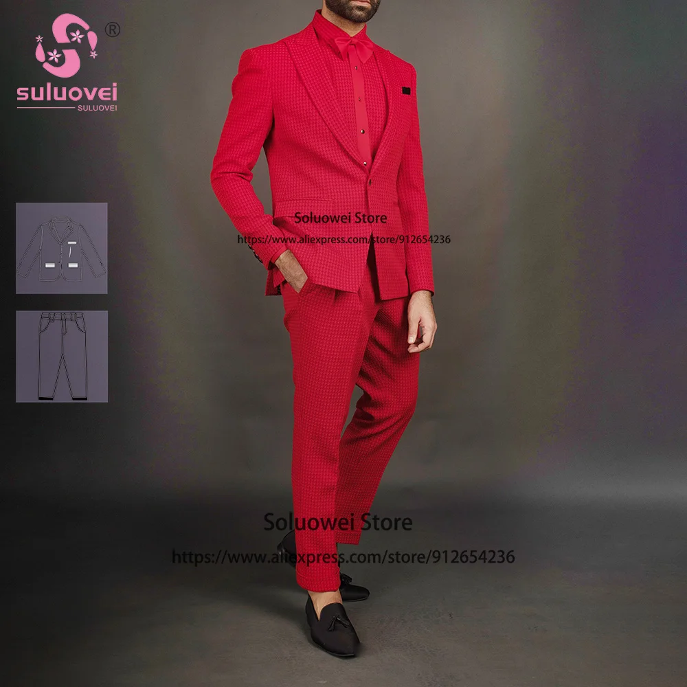 

Fashion Houndstooth Suits For Men Elegant Slim Fit 2 Piece Jacket Pants Set Formal Groom Wedding Prom Peaked Lapel Tuxedo Blazer