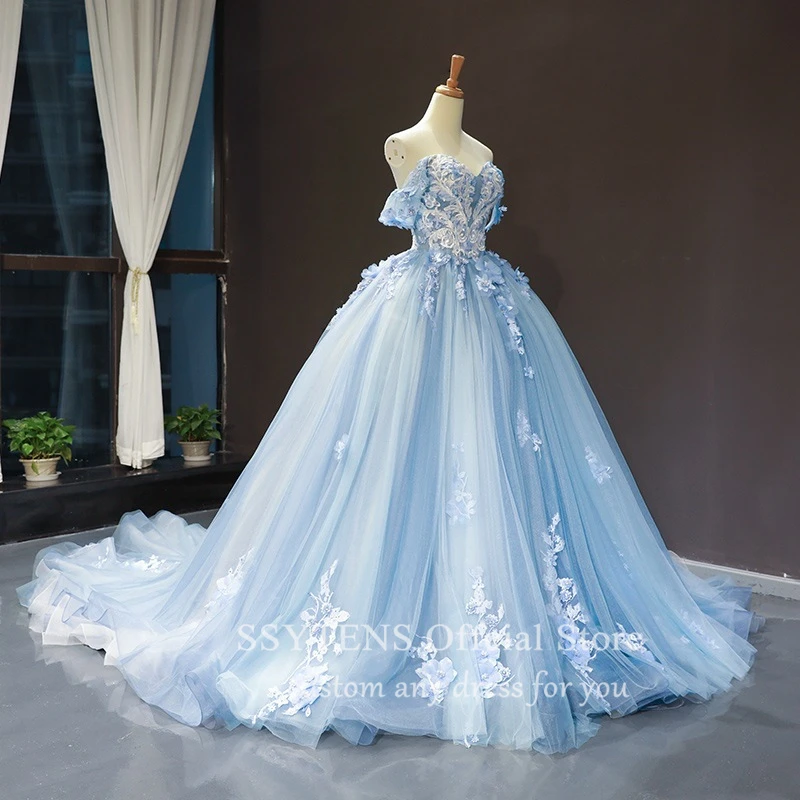 Blue Luxury 3D Flowers Prom Dress Quinceanera Dresses Vestidos De 15 Anos Custom Event Luxury Lace Birthday Princess Party Gown