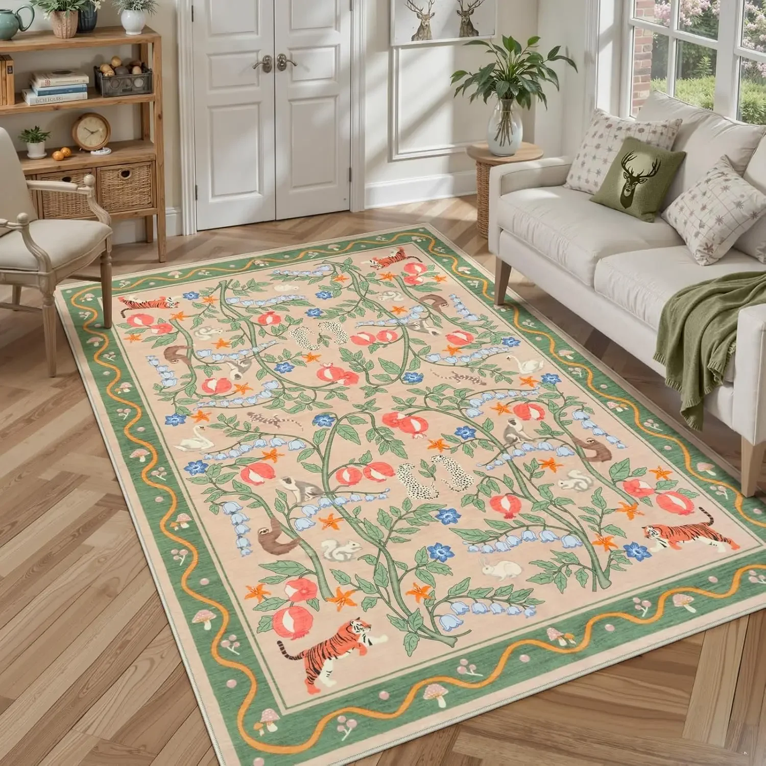 Fantasy Forest Animal Carpet Home Decoration Carpet Tiger Leopard Monkey Rabbit Swan Flower Pattern Home Decoration Carpet Mat