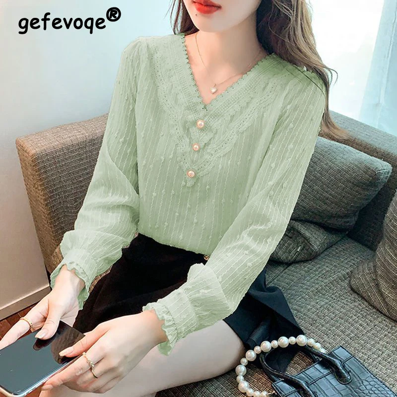 

Women Korean Fashion Lace Patchwork Beaded Chic Sweet Blouses Autumn Female V Neck Long Sleeve Shirts Loose Elegant Tops Blusas