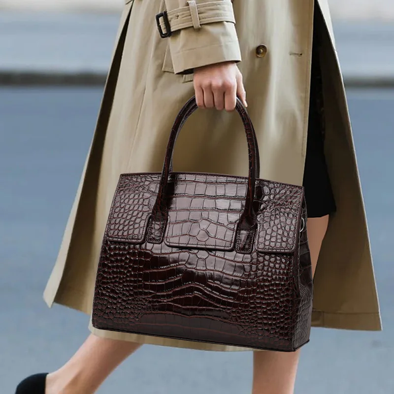Aidanni Genuine Leather Crocodile Pattern Handbag, 2026 New Women's High-end Luxury Large-capacity Commuter Tote Bag