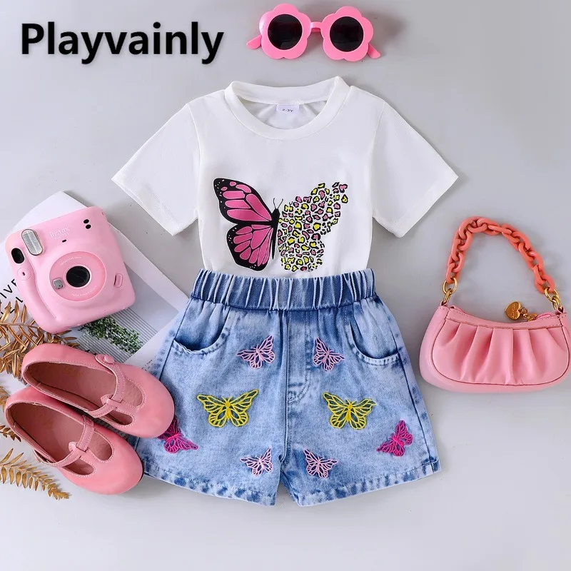 

Летние повседневные комплекты для девочек, модная белая футболка с короткими рукавами и принтом бабочки + джинсовые шорты с эластичной резинкой на талии, детская одежда B0271