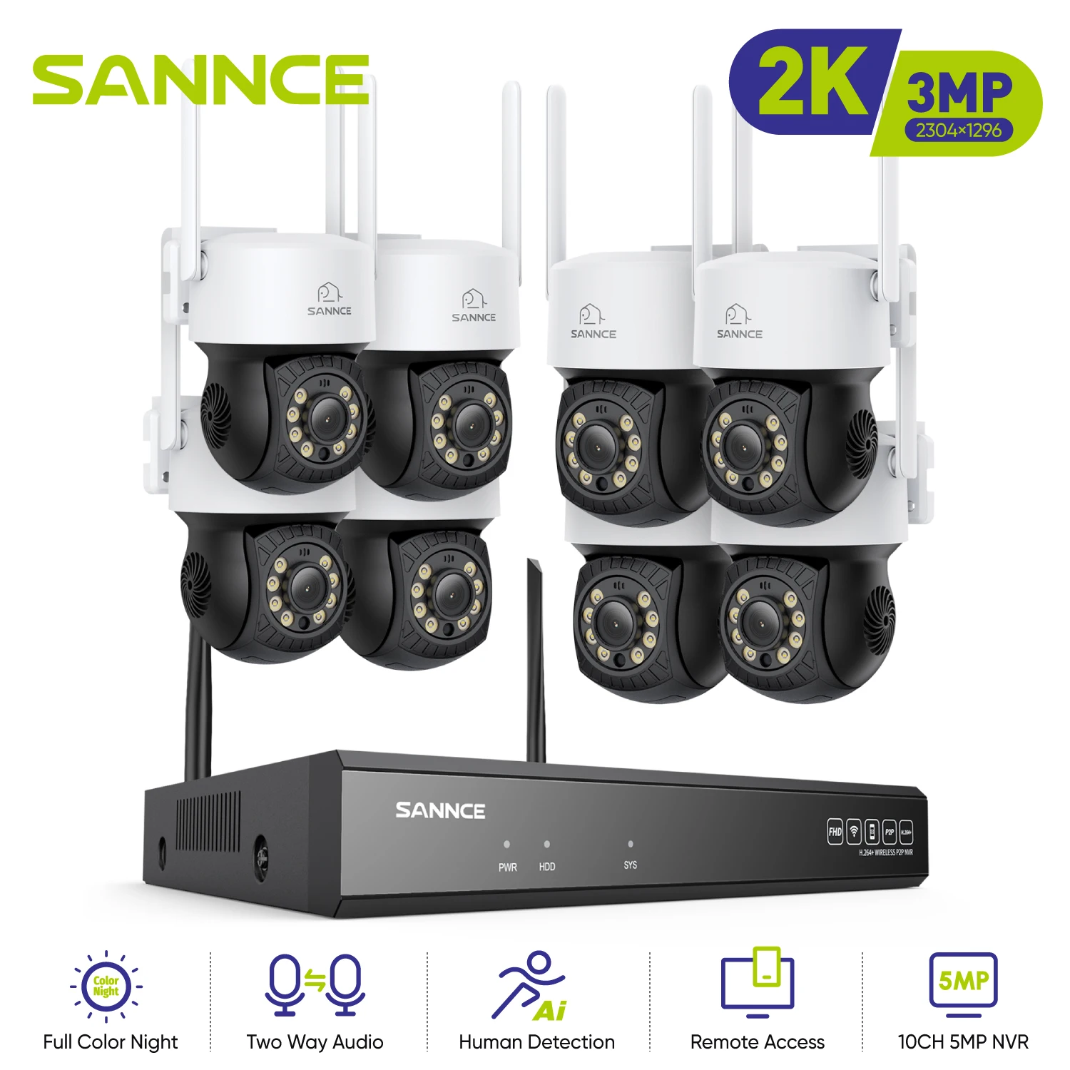 

SANNCE 3MP Wireless Surveillance Camera System H.264+ Security Protection Night Vision Two way Voice Email Alert CCTV CameraKit