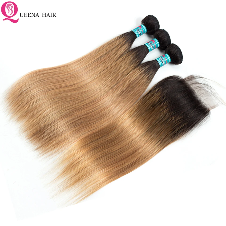 Straight Human Hair Bundles With Closure 1B/27 Honey Blonde Ombre Bundles With Closure Remy Straight Bundles With Closure 10A