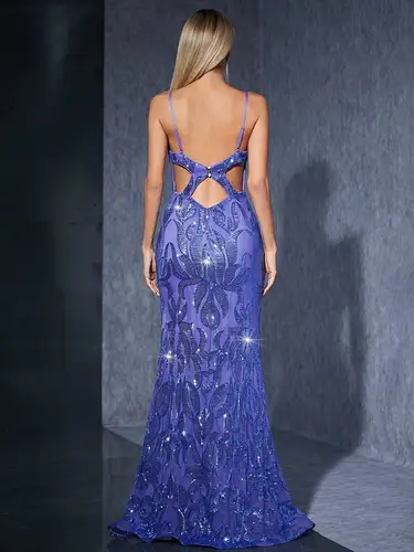 Imagen 2 del producto Mgiacy vestido largo adelgazante con cola de pez cruzada y espalda descubierta sexy con lentejuelas y cuello en V sin tirantes