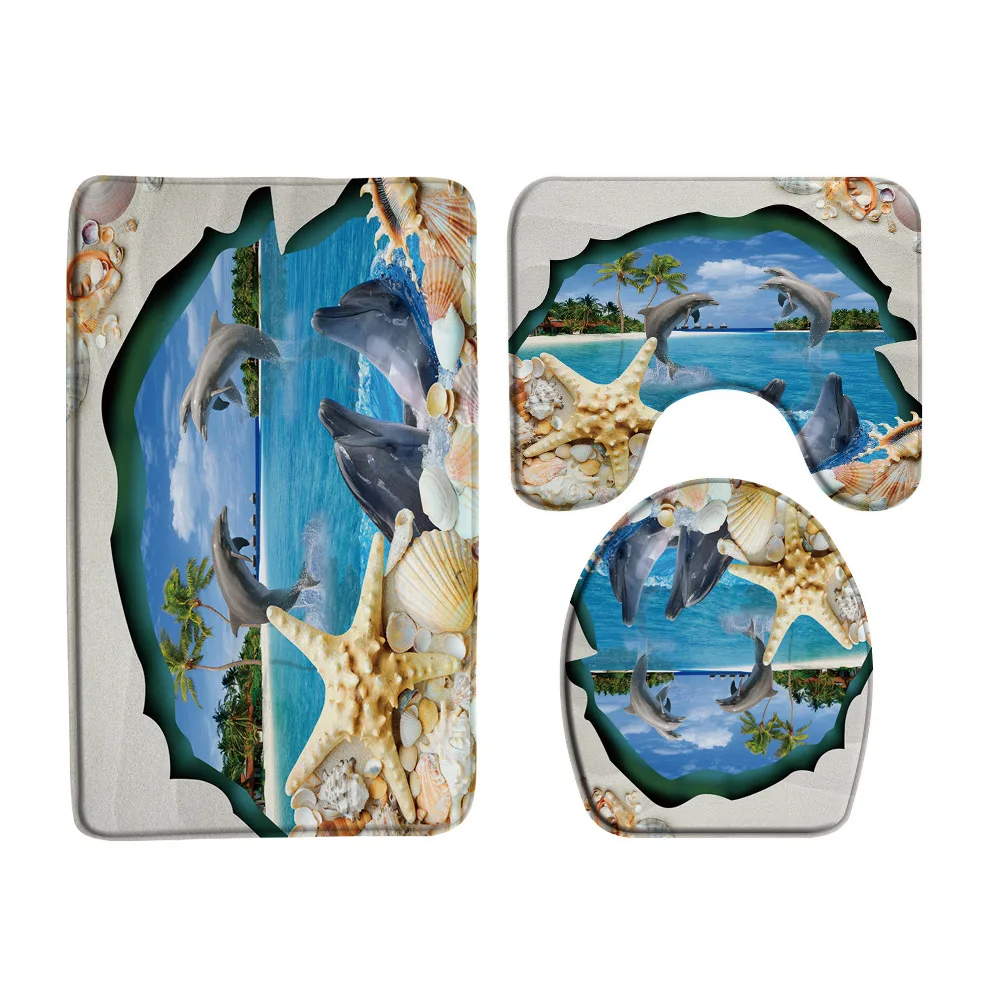 Dolphins Sand Sea Shells Bath Mat Sets Bathroom Rug Starfish Blue Ocean Toilet Lid Cover Flannel Floor Doormat Non-Slip Carpet