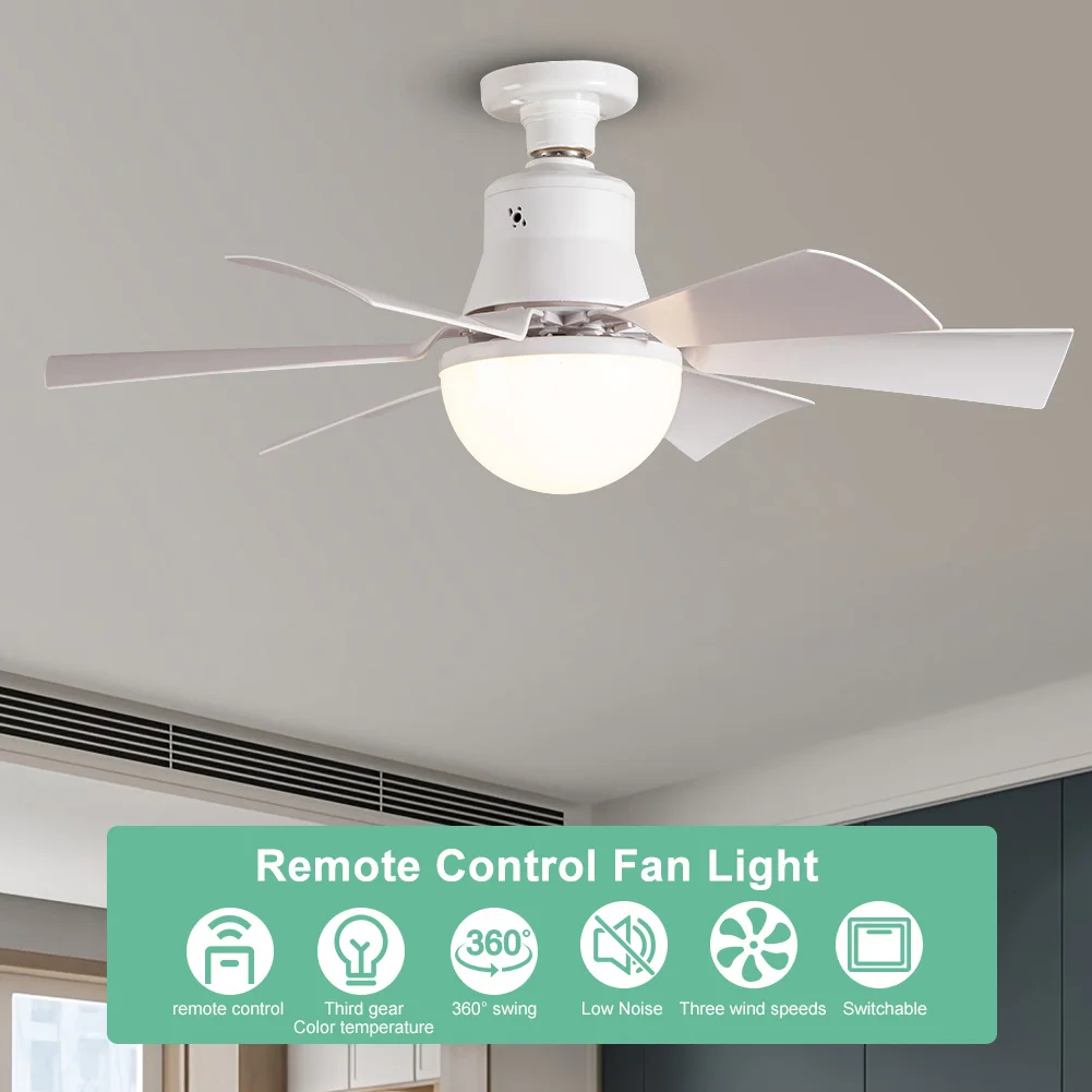 Ceiling Fan Light with Remote Timing Socket Ceiling Fan 3 Gear Wind Speed Light Bulb Fan 6 Blades for Living Room Bedroom