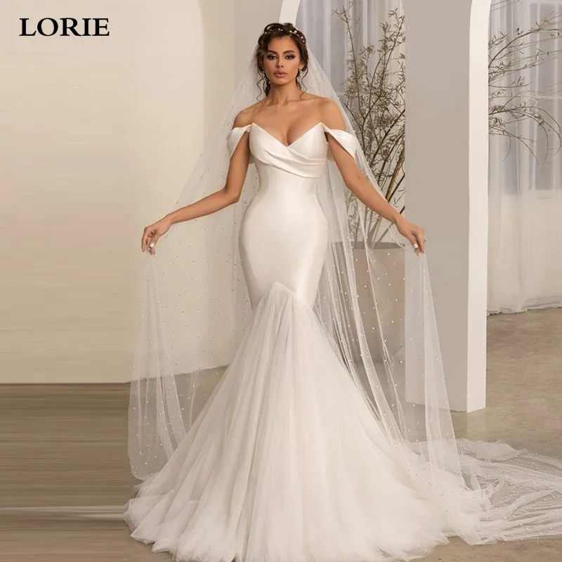 

LORIE Satin Patchwork Tulle Mermaid Wedding Dress v Neck Off The Shoulder Bride Dresses Elegant Wedding Bridal Gowns 2024