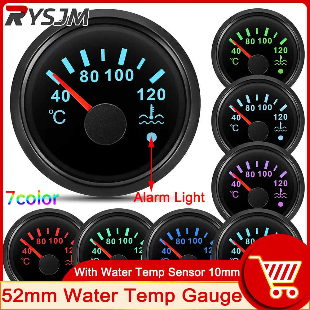 52mm Water Temperature Gauge 7 Colors LED 40-120 Celsius With 1/8NPT Car Temperature Sensor For 12V 24V Car Boat Motorcycle 