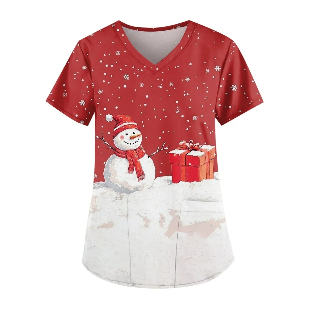 Feliz natal uniforme de trabalho manga curta com decote em v papai noel floco de neve padrão dos desenhos animados topos natal moda roupas casuais