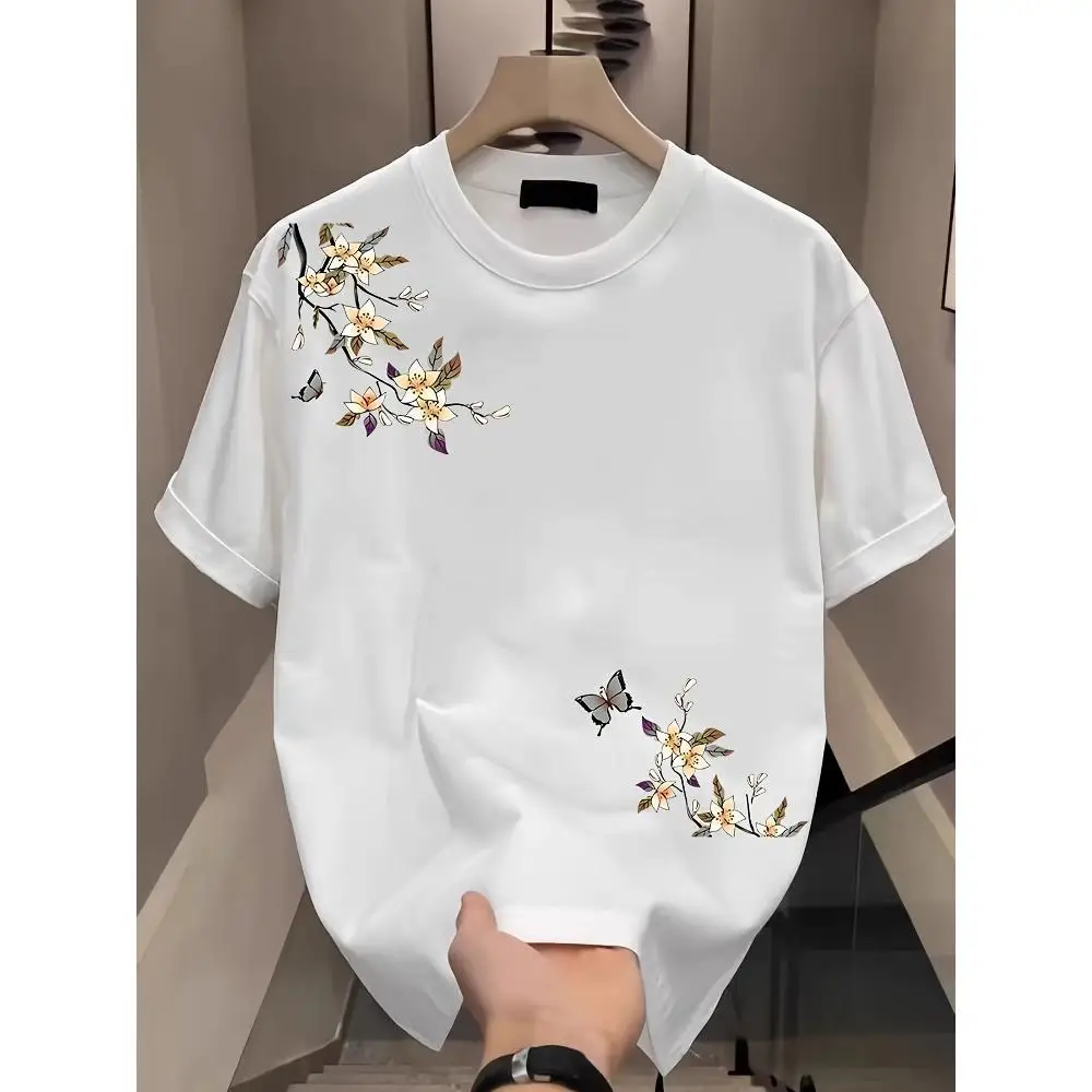 Print - Breathable Summer Casual Round Neck Tee, Regular Fit for Casual Attire, Elegant Design, Semitransparent Material