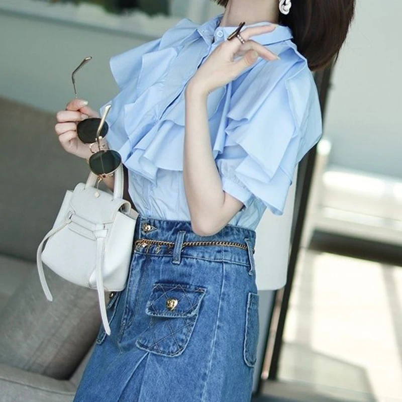 Cotton minority design shirt 2024 new ruffled patchwork western-style shirt with bubble sleeves and short sleeves Joker shirt