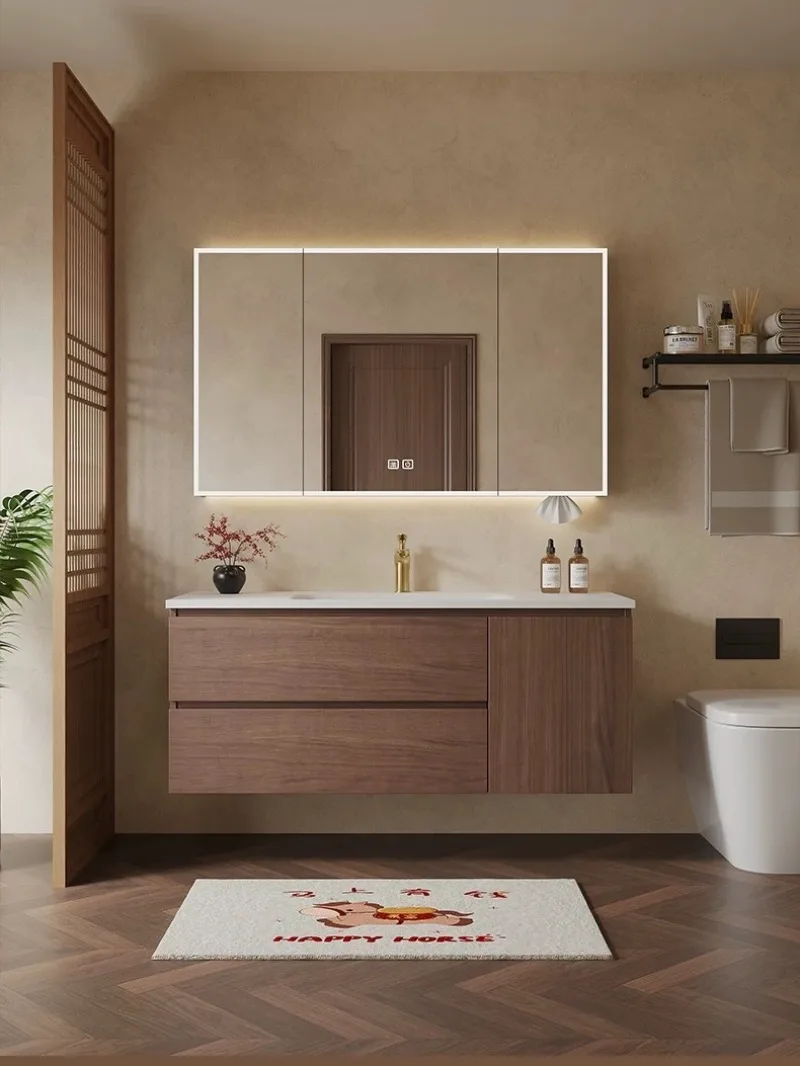 Custom modern vintage solid wood bathroom cabinet, sintered stone integrated basin, smart mirror cabinet, bathroom cabinet