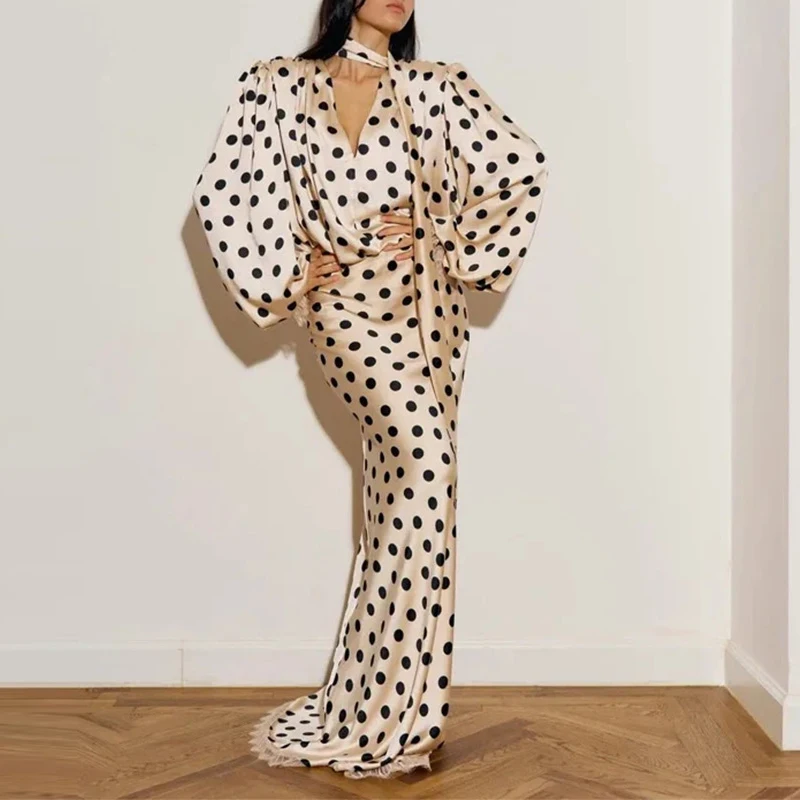 Модное элегантное женское платье макси с высокой талией, в горошек, из атласа, для банкета, с V-образным вырезом, с длинными рукавами, весеннее